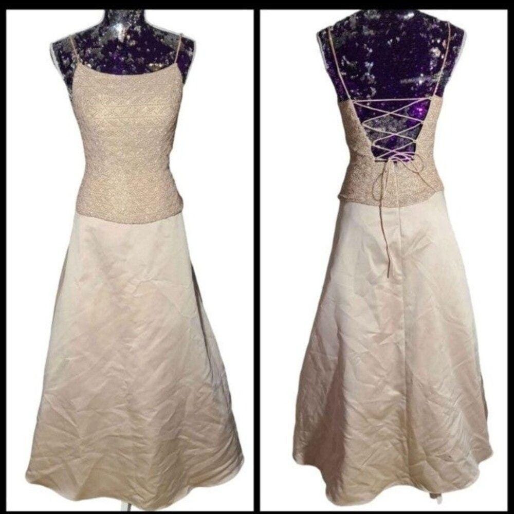 Y2K Champagne Gold Beaded Lace Up Corset Prom Dress Avanti Size 4 Foral‎ Maxi